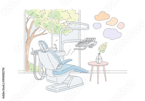 Modern dental chair and equipment in a bright room with a large window overlooking trees