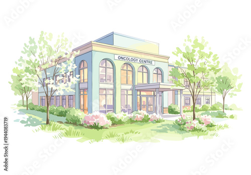 Modern oncology centre building with lush green landscaping and blooming flowers
