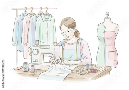 Woman sewing fabric on a machine with clothes on a rack and mannequin in background