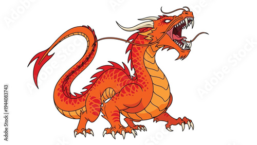 A vibrant dragon with fiery orange and red scales flying through an imaginary sky Vector