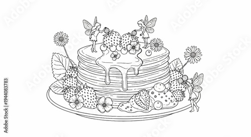 Stack of pancakes adorned with berries, flowers, and whimsical fairies