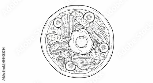 Overhead view of a hearty breakfast with a fried egg, meats, and vegetables