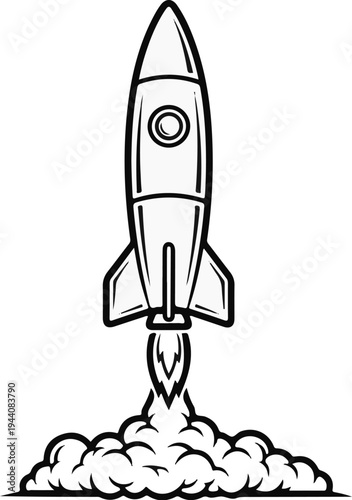 Stylized retro rocket ship launching with billowing smoke and flames