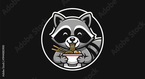Cartoon raccoon with ramen in a circle