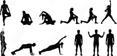 Fitness workout silhouettes collection, men and women exercising poses set, yoga stretch push up lunge training figures isolated vector illustration