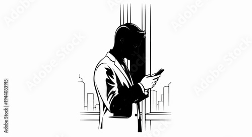 Stylized silhouette of a man in a suit, looking at his phone against a city backdrop