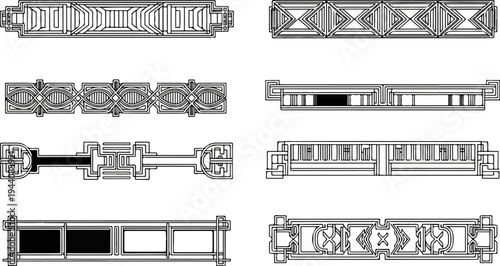 Intricate black and white geometric patterns resembling abstract designs or architectural elements
