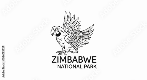 Striking black and white illustration of a parrot with wings spread, above park name text