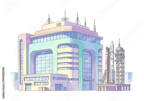 Modern space launch center building with rocket and launch tower illustration
