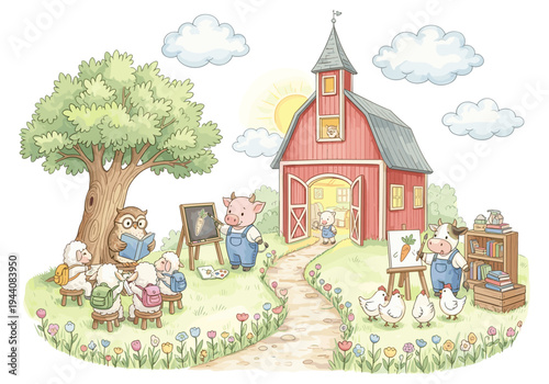 Cute farm animals attending outdoor school lessons with a wise owl teacher and a barn setting