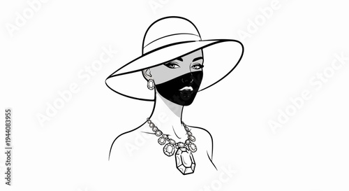 Striking graphic portrait of a woman in a wide-brimmed hat and statement necklace