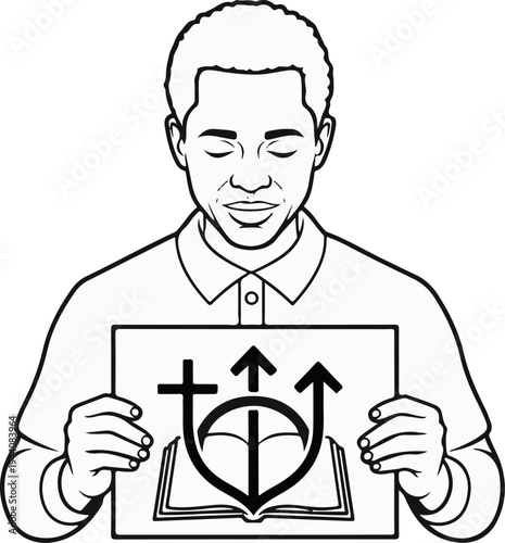 Person holding sign with religious symbols, including cross, open book, and arrows