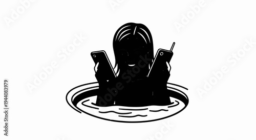Person in a hot tub, holding two smartphones, silhouetted
