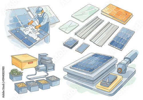 Illustration of solar panel manufacturing process, from raw materials to finished product
