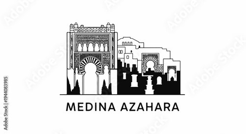 Stylized architectural illustration of ancient structures and arches with Arabic inscriptions and text
