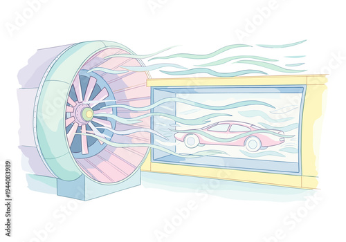 Automotive wind tunnel testing a car with powerful airflow simulation for aerodynamic research