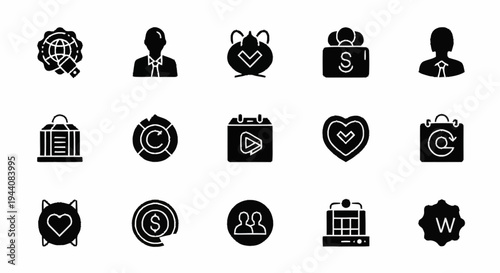 Collection of Business and Finance Icons on White Background.