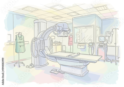 Modern medical imaging room with advanced C-arm X-ray machine and patient examination table