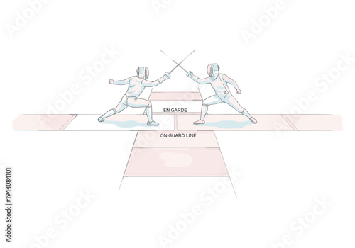 Two fencers in protective gear face each other on a fencing strip in an en garde stance