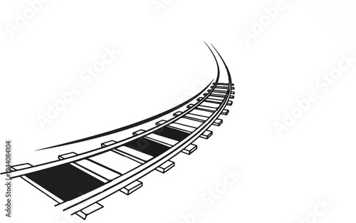 Stylized black and white drawing of a curved railroad track receding into the distance