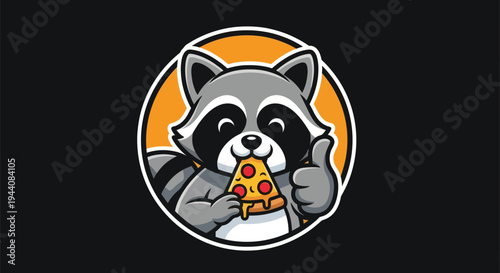 Cartoon raccoon eating pizza slice