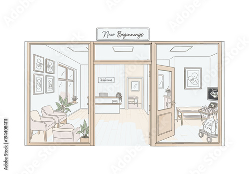 Illustration of a modern medical clinic reception and examination room with ultrasound equipment