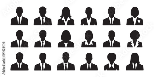 Set of black and white silhouette icons showing diverse men and women in business suits, professional appearance