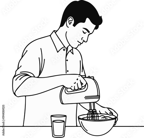 Person with electric mixer whips ingredients in a bowl