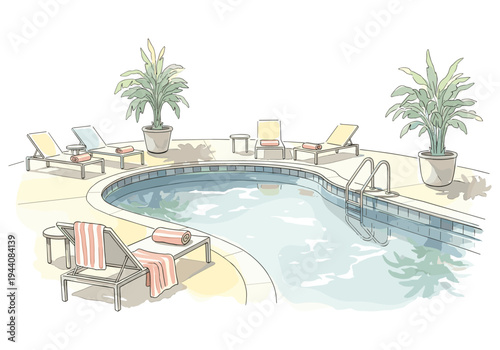 Relaxing poolside scene with lounge chairs and potted plants, inviting leisure
