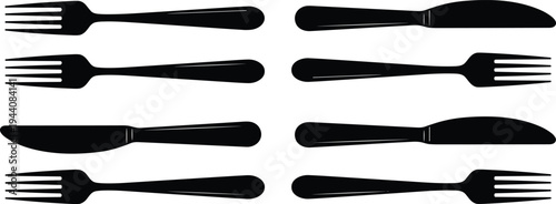 Fork and knife silhouette set, black cutlery collection, kitchen utensil icons, restaurant dining tools, minimalist flat utensil design isolated