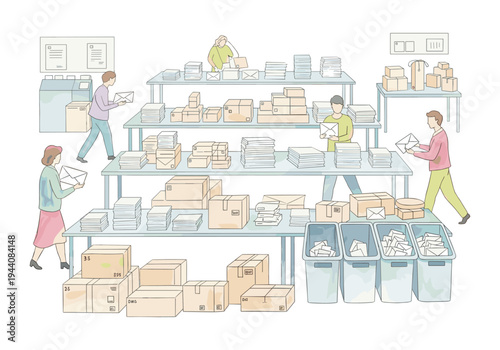 Post office workers sorting and organizing mail and packages on shelves and in bins