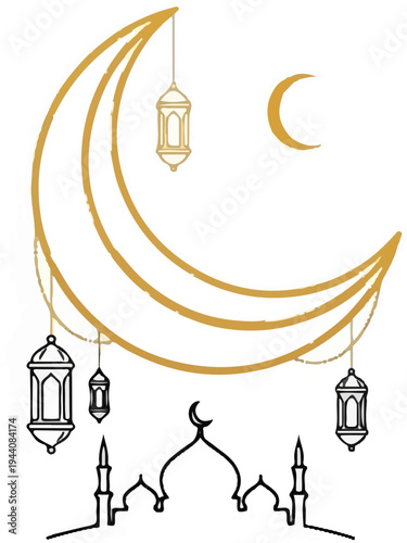 Islamic crescent moon hangs lanterns above a mosque silhouette