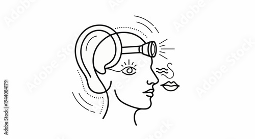 Person with headlamp, ear, eye, nose, and lips shown in profile, abstract