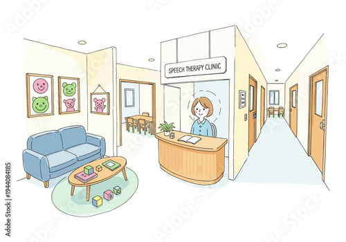 Cartoon illustration of a cheerful speech therapy clinic reception area with waiting room