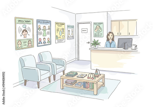 Waiting room in a speech therapy clinic with a friendly receptionist and educational posters