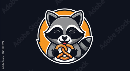 Cartoon raccoon holding pretzel illustration
