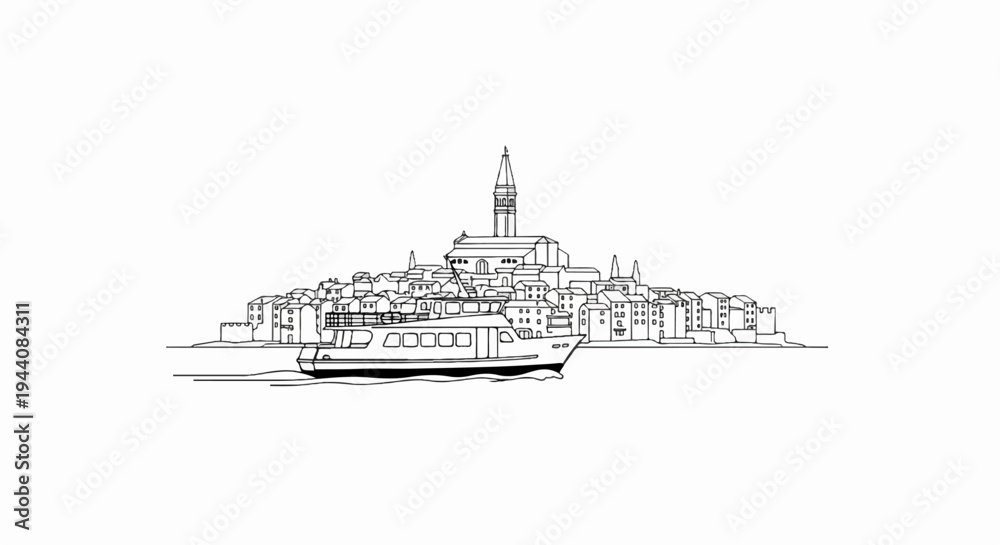 Fototapeta premium Line art depiction of a ferry boat sailing past a coastal town with a prominent church spire