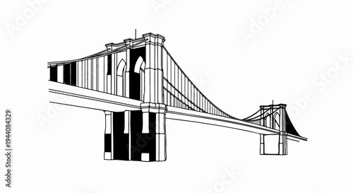 Line art depiction of a suspension bridge with gothic archways and cables against a white background