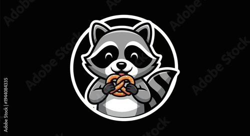 Cartoon raccoon eating pretzel on black background