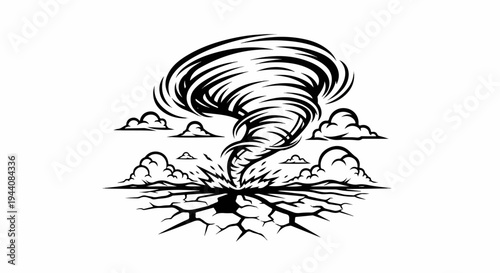Stylized black and white illustration of a powerful tornado impacting dry, cracked earth