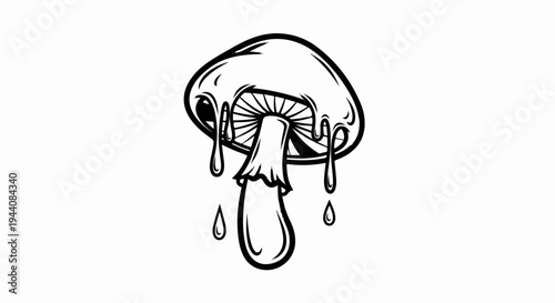 Stylized black and white illustration of a mushroom with dripping liquid