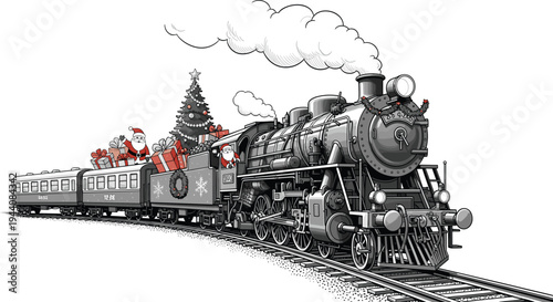 Christmas steam train illustration with Santa Claus, decorated gifts, holiday tree, festive locomotive artwork symbolizing celebration, winter, joy, tradition, nostalgia