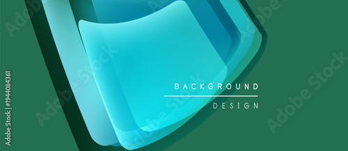 Abstract layered shapes create dynamic visual effect. Teal hues dominate, suggesting modern design elements. Background features text labels.