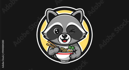 Cartoon raccoon holding ramen bowl