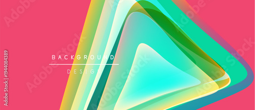 Abstract layers form triangle shape. Vibrant colors blend, creating modern design. Pink backdrop emphasizes layered effect.