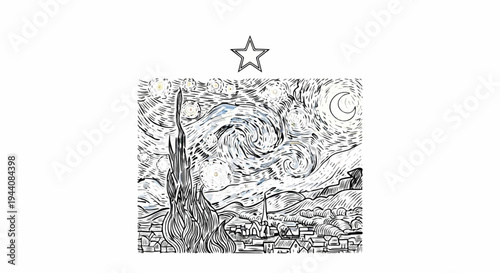 Swirling night sky over a village with a prominent tree and a star above