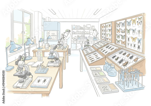 Entomology laboratory with specimens, microscopes, and research equipment