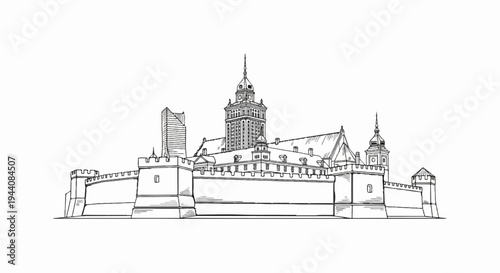 Line drawing of a fortified palace with a prominent central tower and modern skyscraper