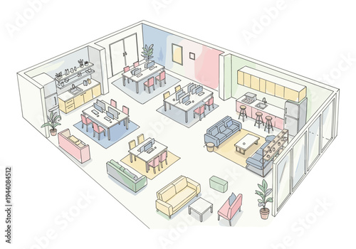 Modern open-plan office layout with workstations, kitchen, and lounge areas