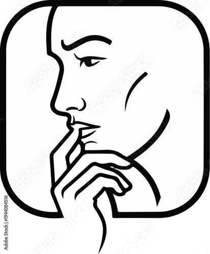 Thoughtful profile of a person with finger on lips, enclosed in a rounded frame